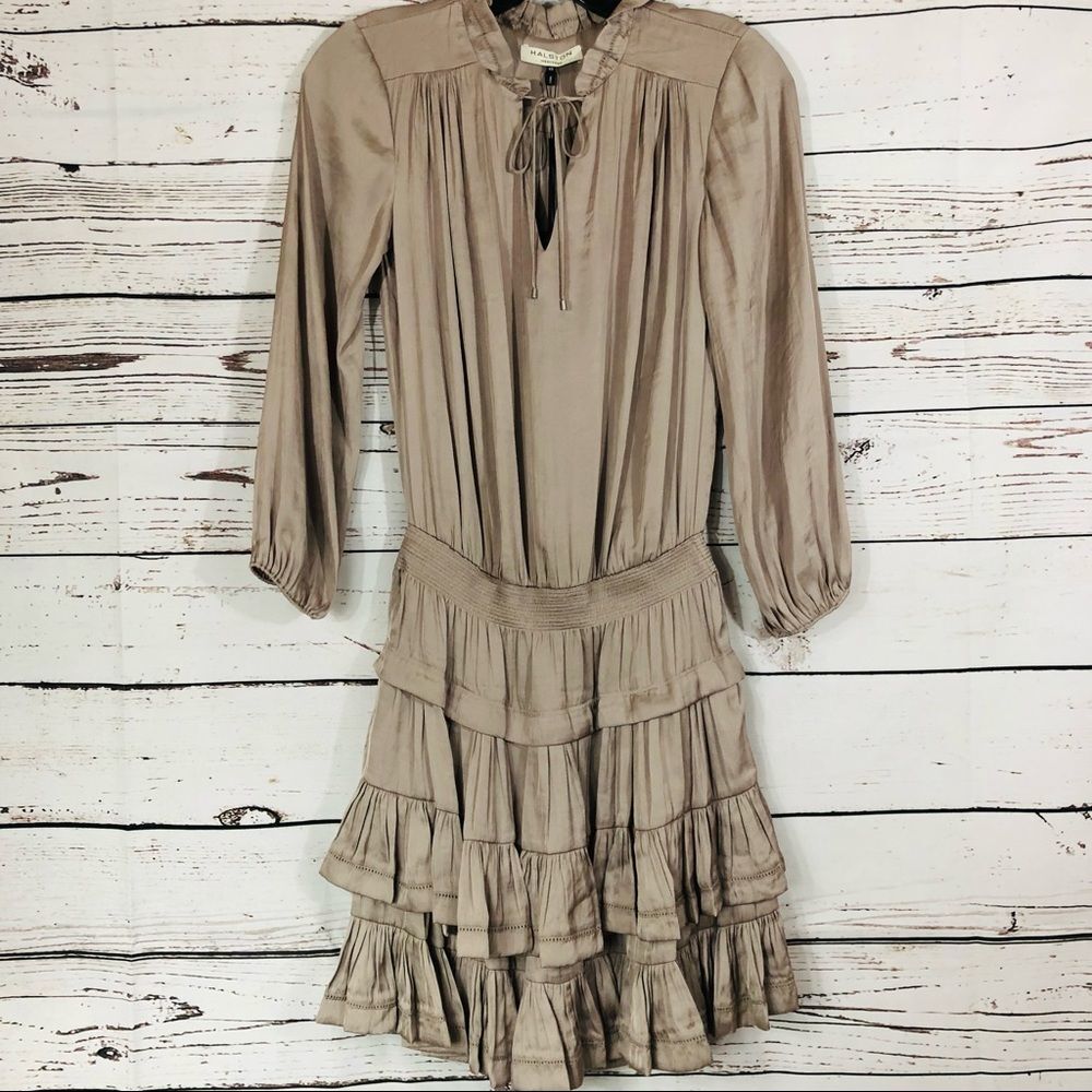 Halston Heritage Silky Ruffle Skirt and Collar Dress Bracelet Sleeve XS S